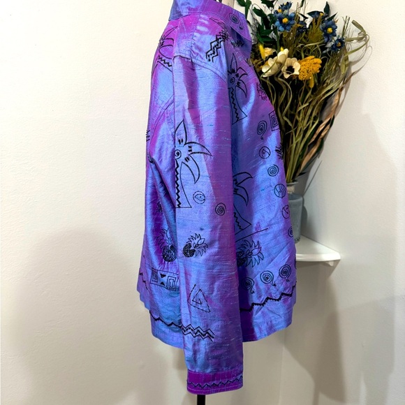 Bleu Bayou Silk Shirt/ Purple/Blue, Button-Up, decorative beads Size Large - Picture 4 of 9